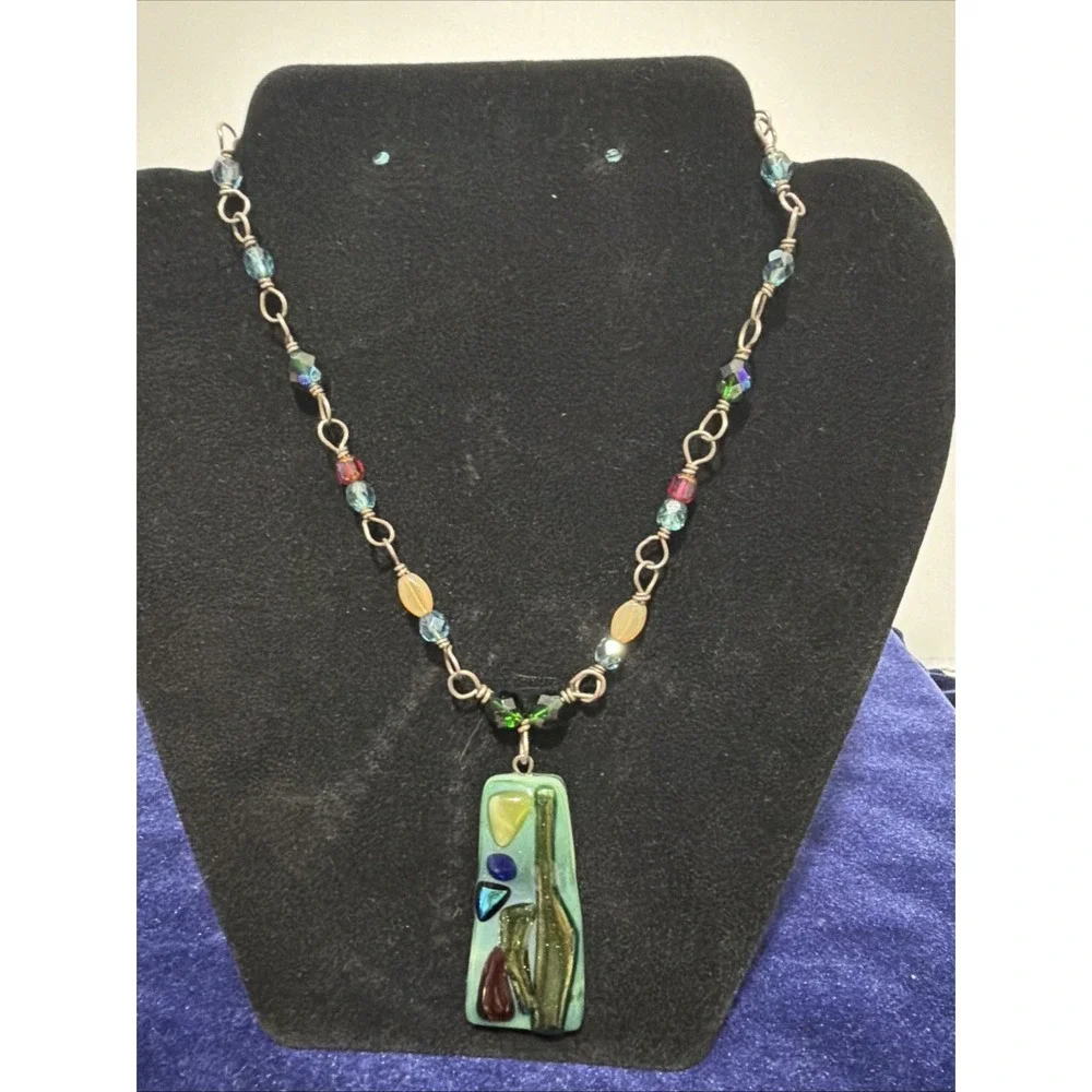 Vintage necklace Glass Murano Style glass Beaded Sterling silver 15
